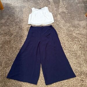 Women's 2 Piece Navy Wide-Leg Pants and White Tank